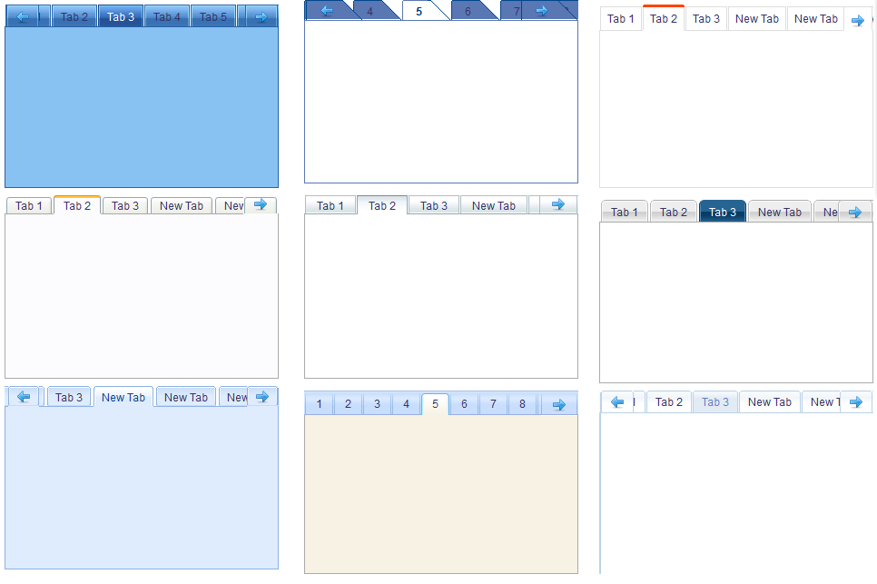 Examples of different 'Scrolling Tab Panels' styles in Profound UI 5.5